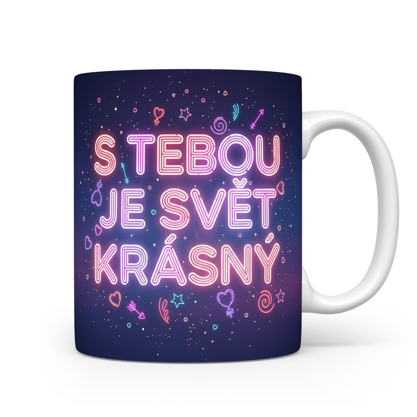 Romantický hrnek s nápisem 'S tebou je svět krásný' a láskyplnými symboly.
