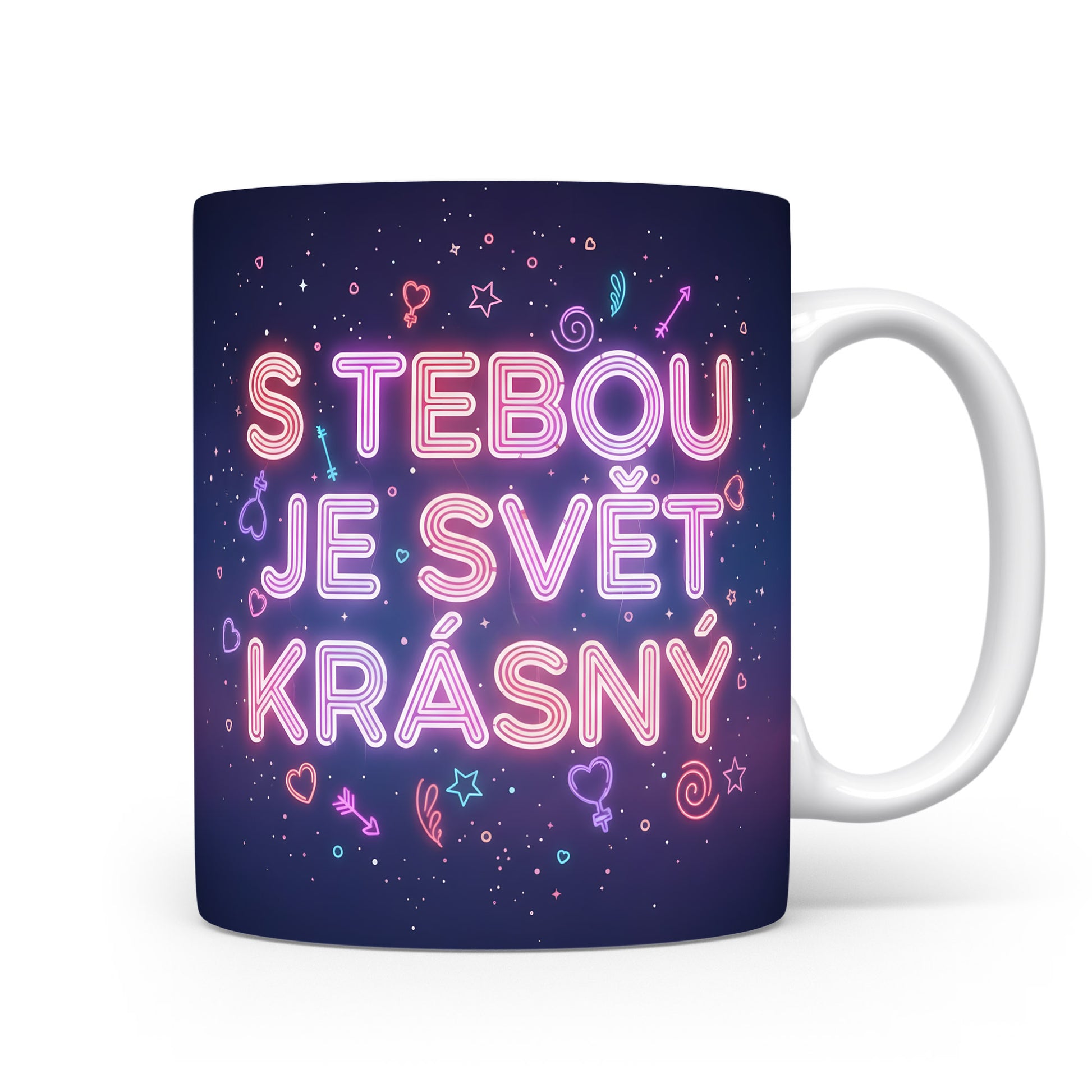 Romantický hrnek s nápisem 'S tebou je svět krásný' a láskyplnými symboly.