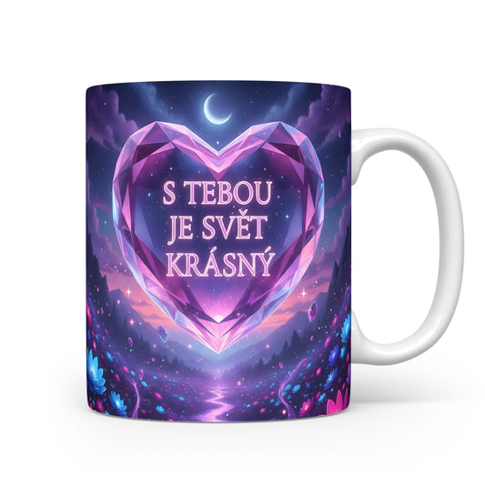 Hrnek s fialovým srdcem a hvězdnou noční krajinou.