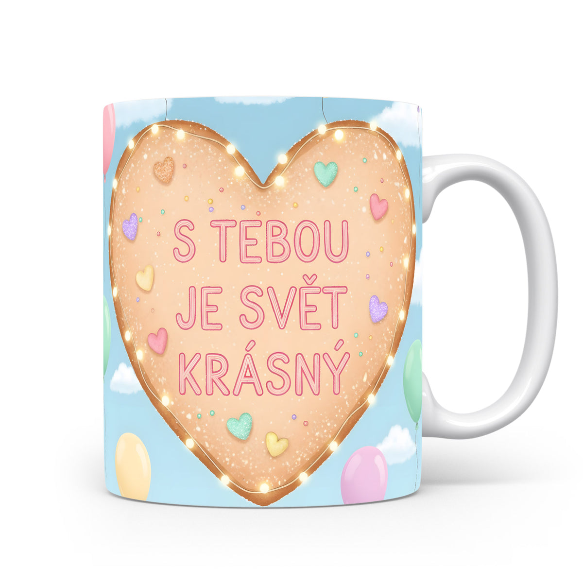 Hrnek s motivem srdce a balónků na pastelovém pozadí.