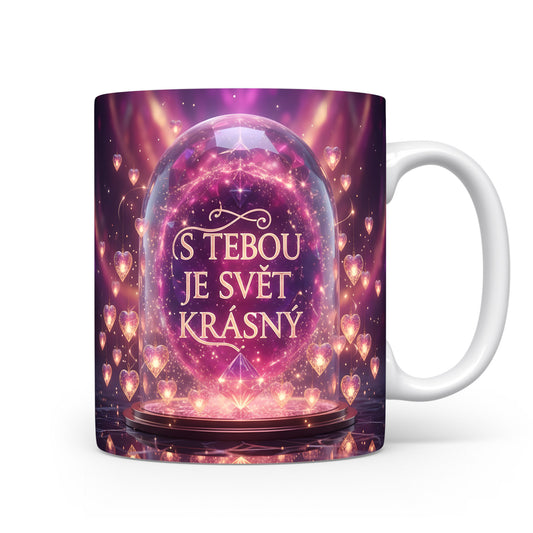 Romantický hrnek s fialovým a růžovým motivem srdcí a světélek.