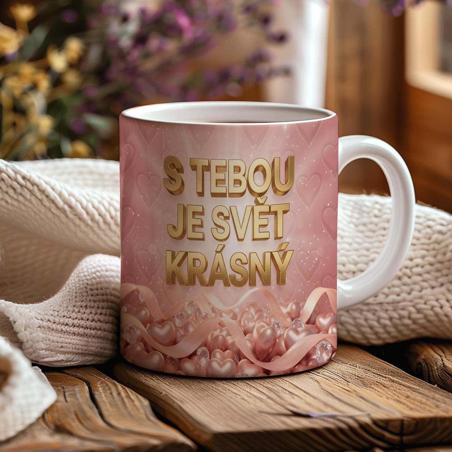 Růžový hrnek se zlatým nápisem a srdíčky.