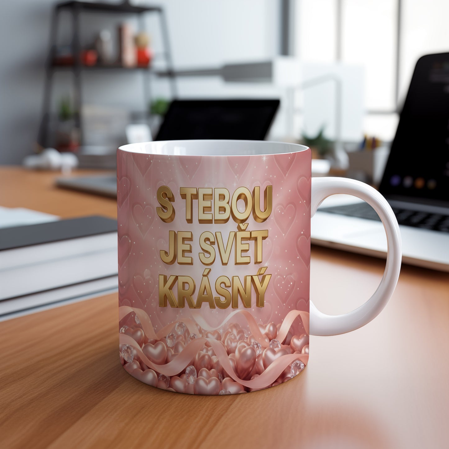 Růžový hrnek se zlatým nápisem a srdíčky.