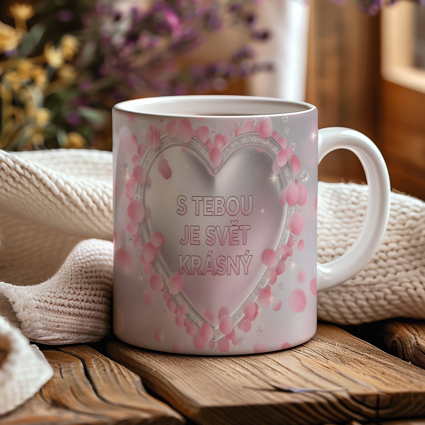 Růžový a stříbrný hrnek s nápisem S TEBOU JE SVĚT KRÁSNÝ a motivem srdce.