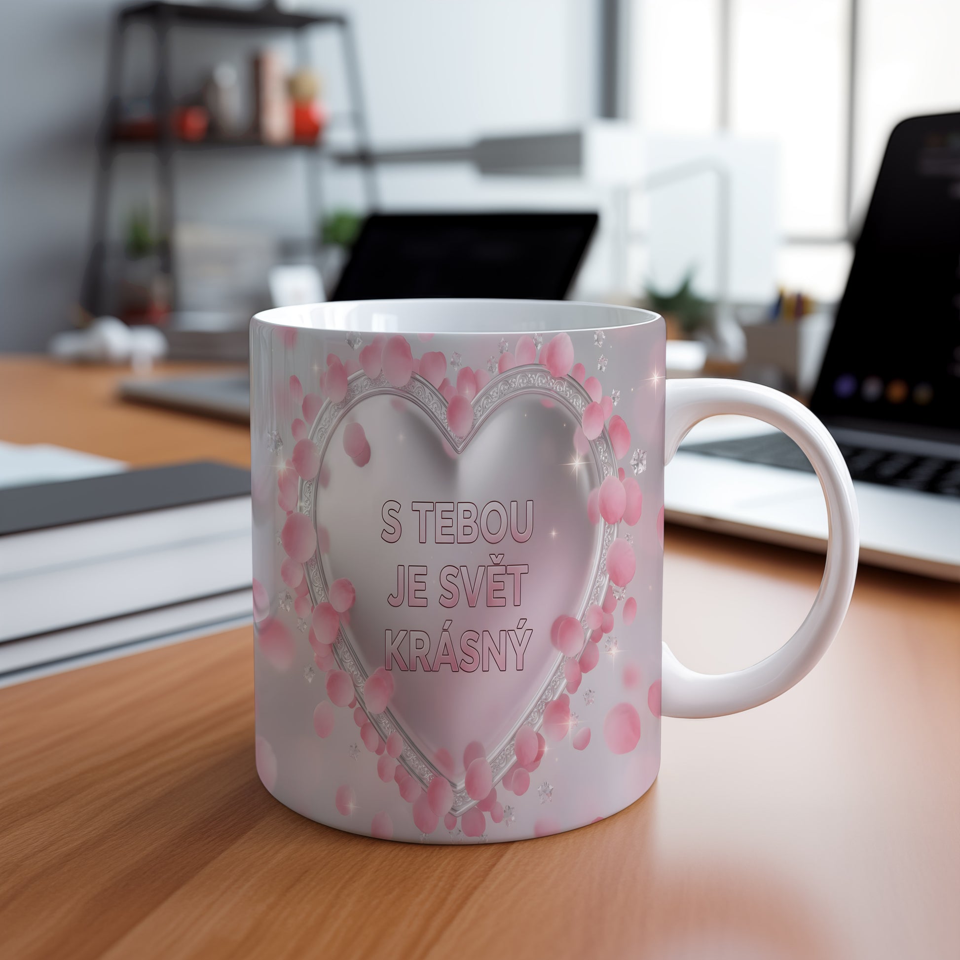 Růžový a stříbrný hrnek s nápisem S TEBOU JE SVĚT KRÁSNÝ a motivem srdce.