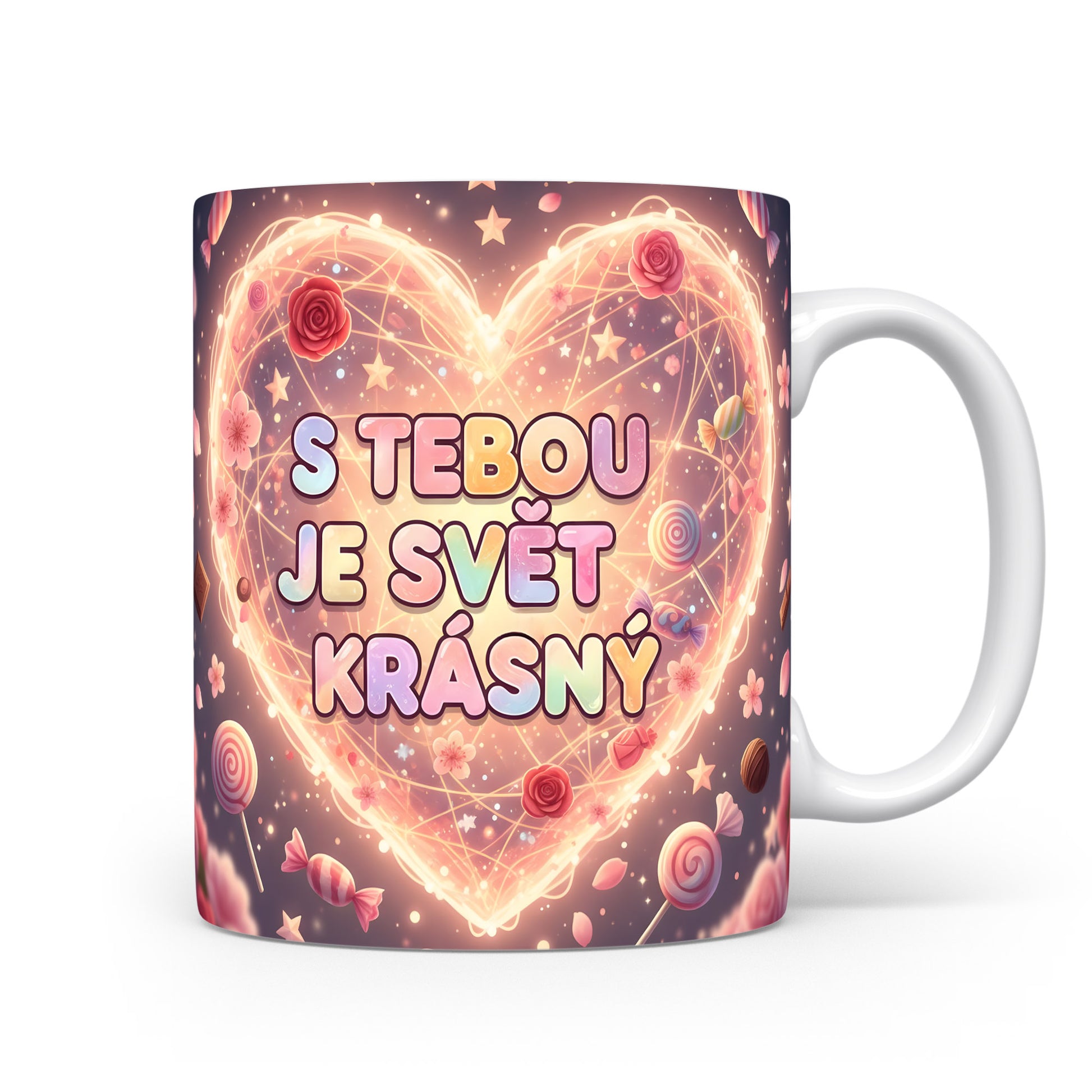 Hrnek s romantickým motivem srdce a sladkostí v pastelových barvách.