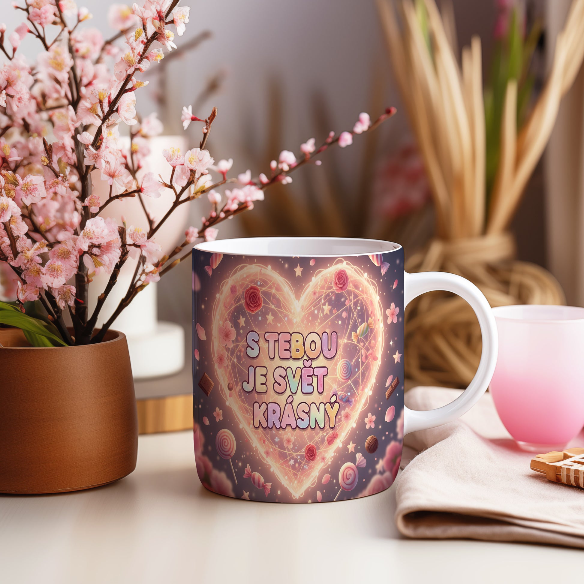 Hrnek s romantickým motivem srdce a sladkostí v pastelových barvách.