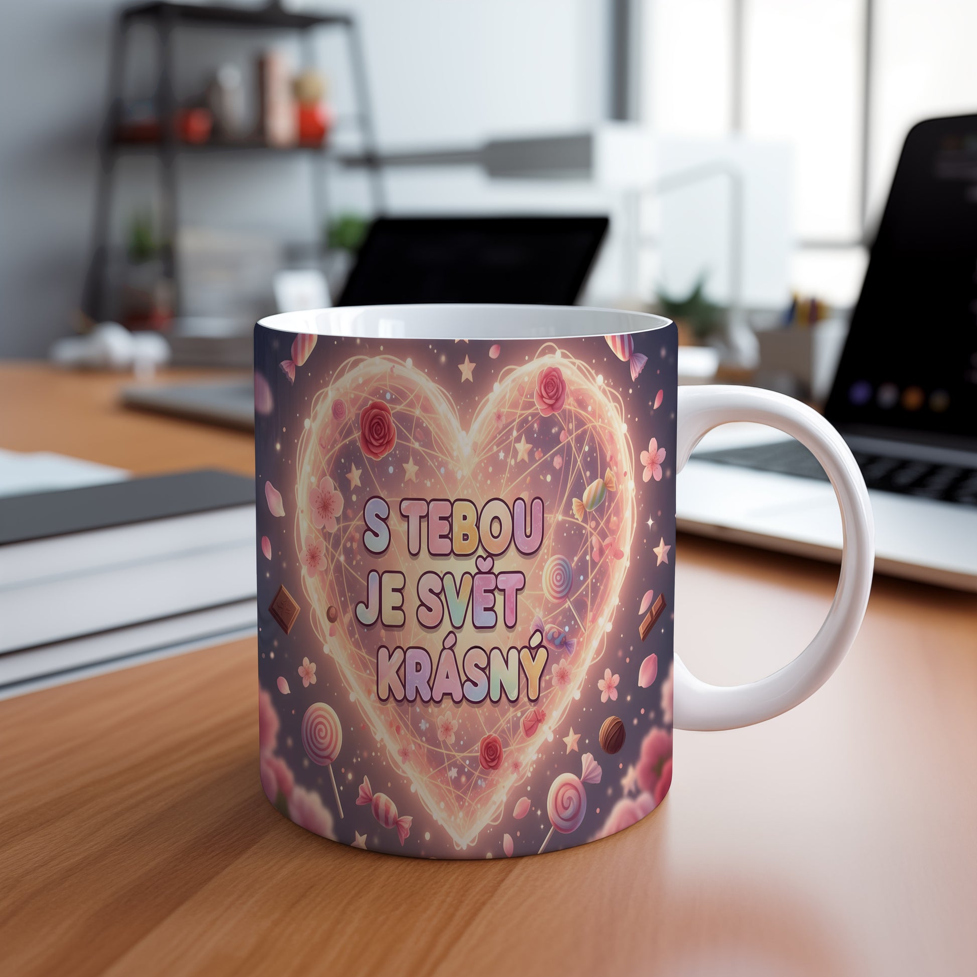Hrnek s romantickým motivem srdce a sladkostí v pastelových barvách.