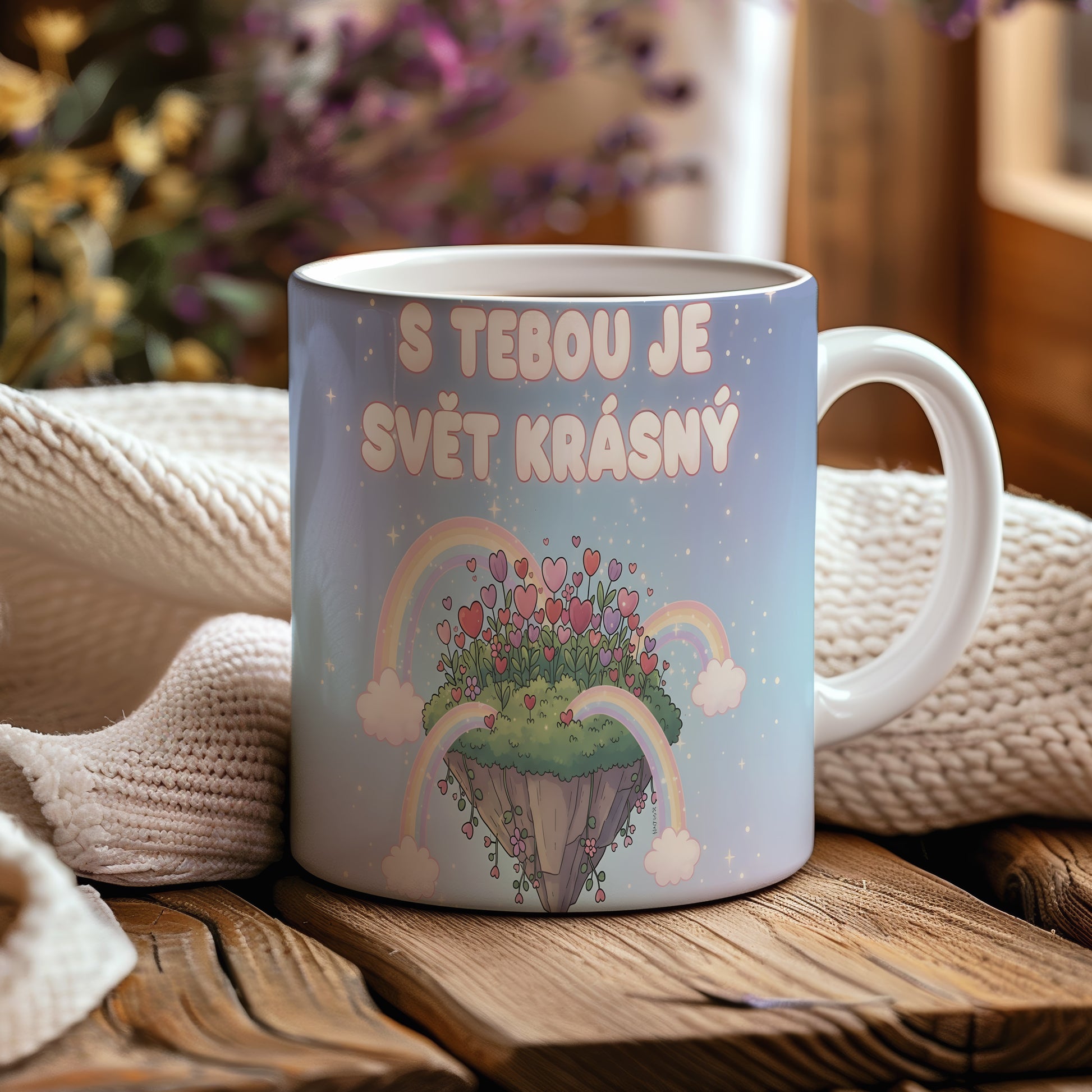 Hrnek s motivem srdcí, duhy a nápisem 'S tebou je svět krásný'.