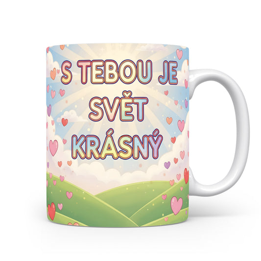 Romantický hrnek s nápisem a srdíčky na pastelovém pozadí.