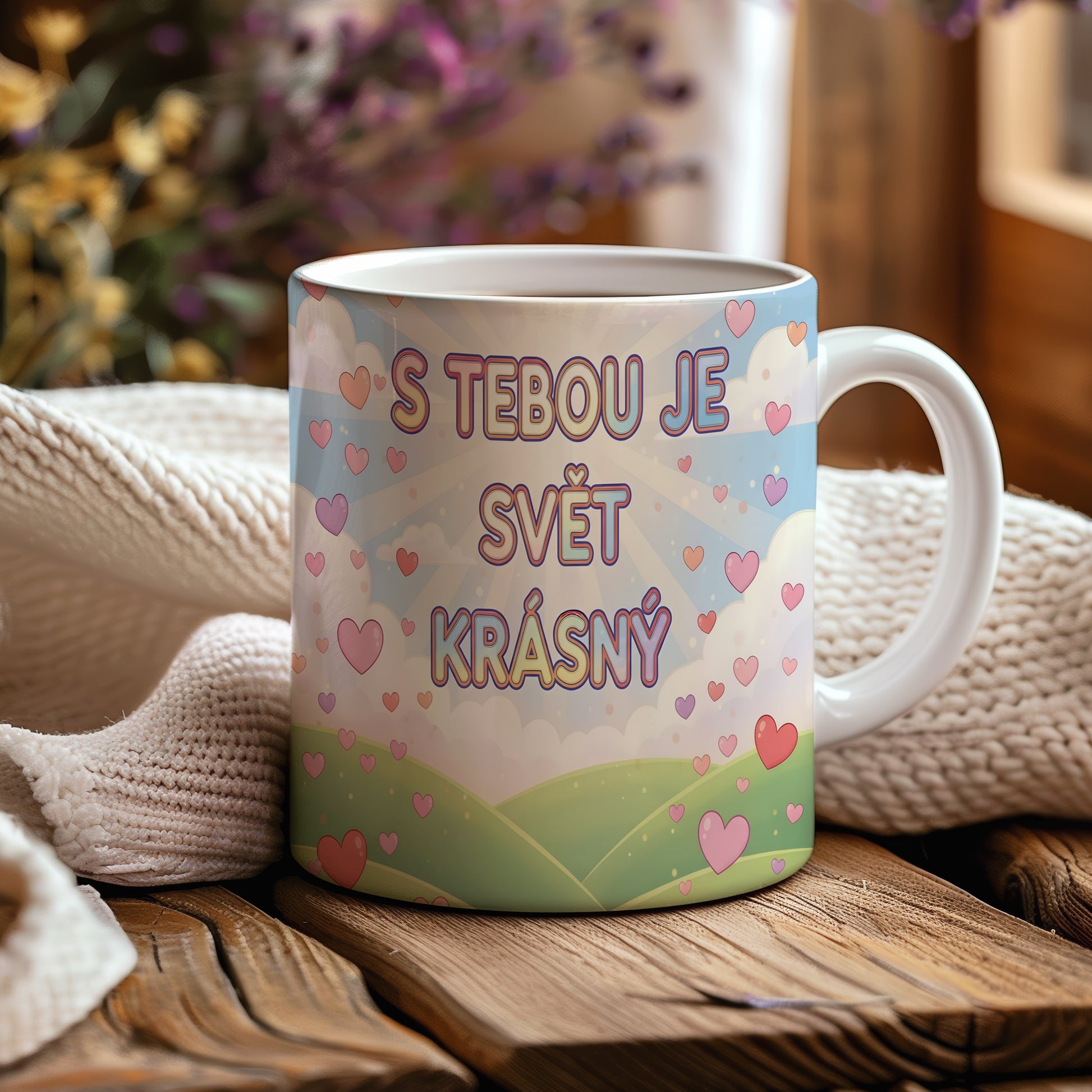 Romantický hrnek s nápisem a srdíčky na pastelovém pozadí.