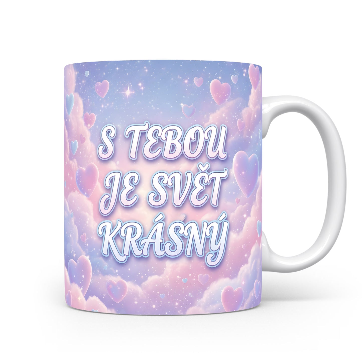 Romantický hrnek s pastelovým pozadím a srdíčky.