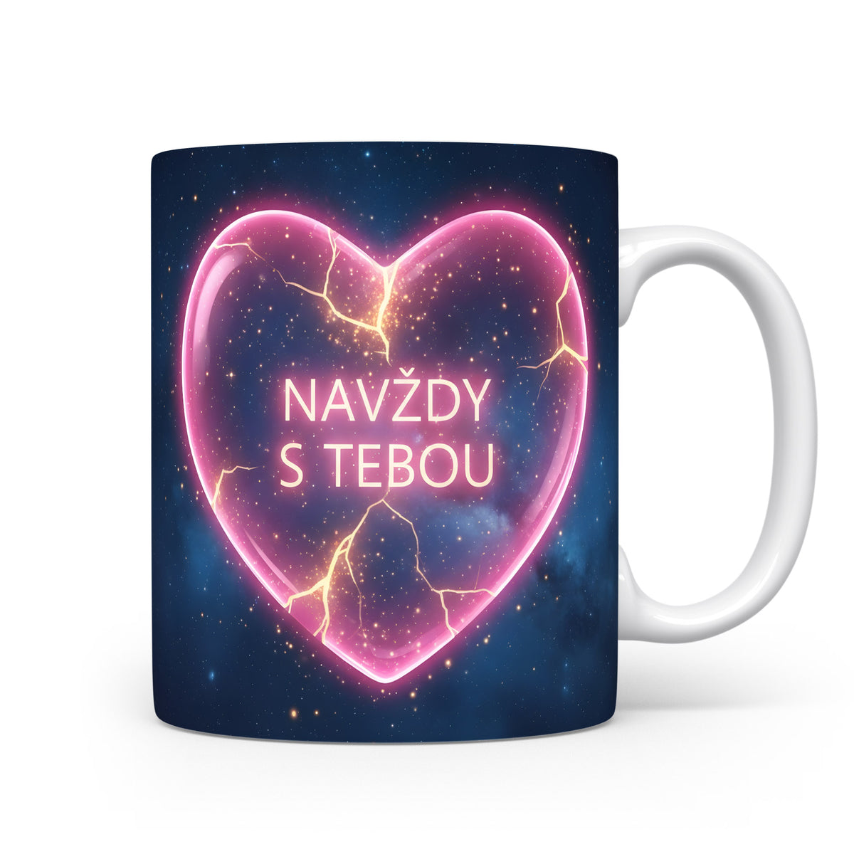 Hrnek s růžovým srdcem na hvězdném pozadí a textem NAVŽDY S TEBOU.