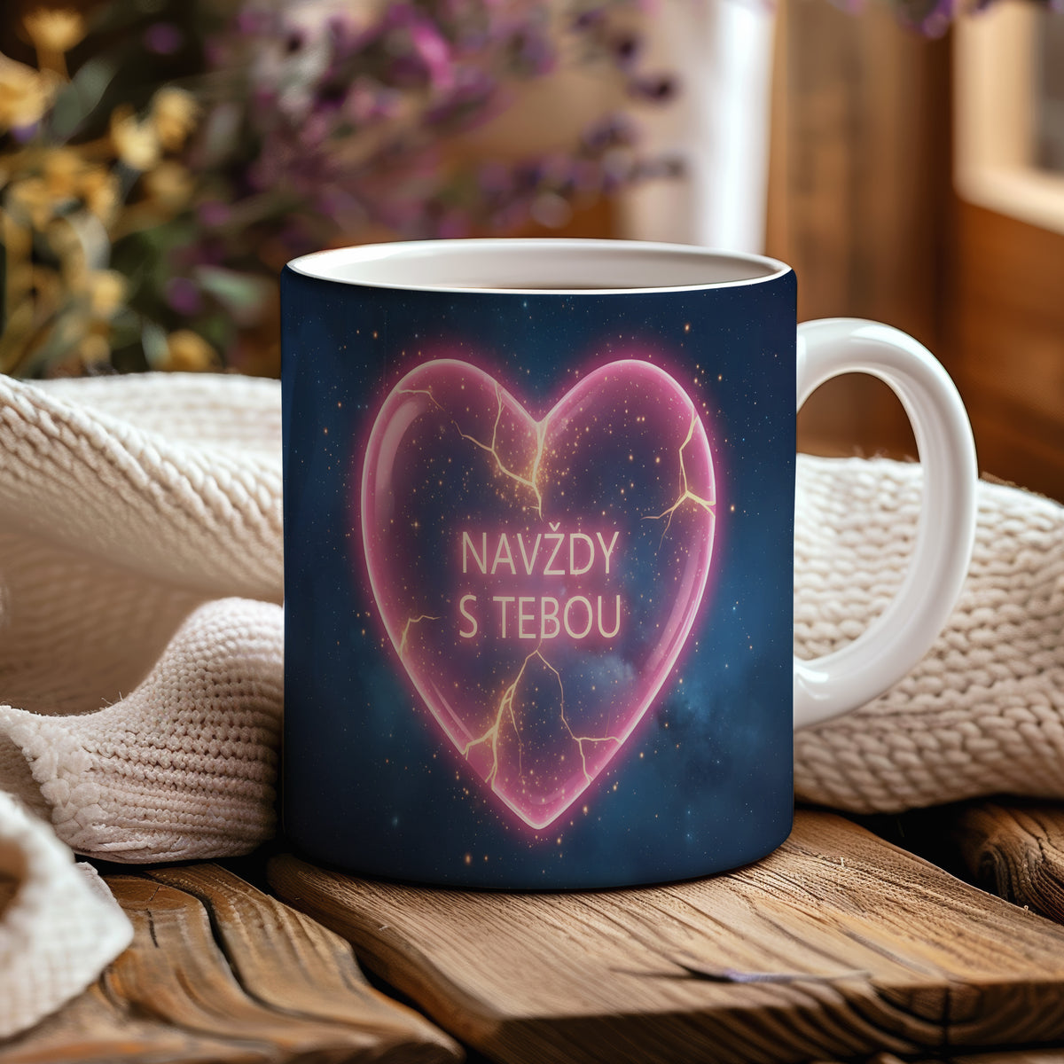 Hrnek s růžovým srdcem na hvězdném pozadí a textem NAVŽDY S TEBOU.