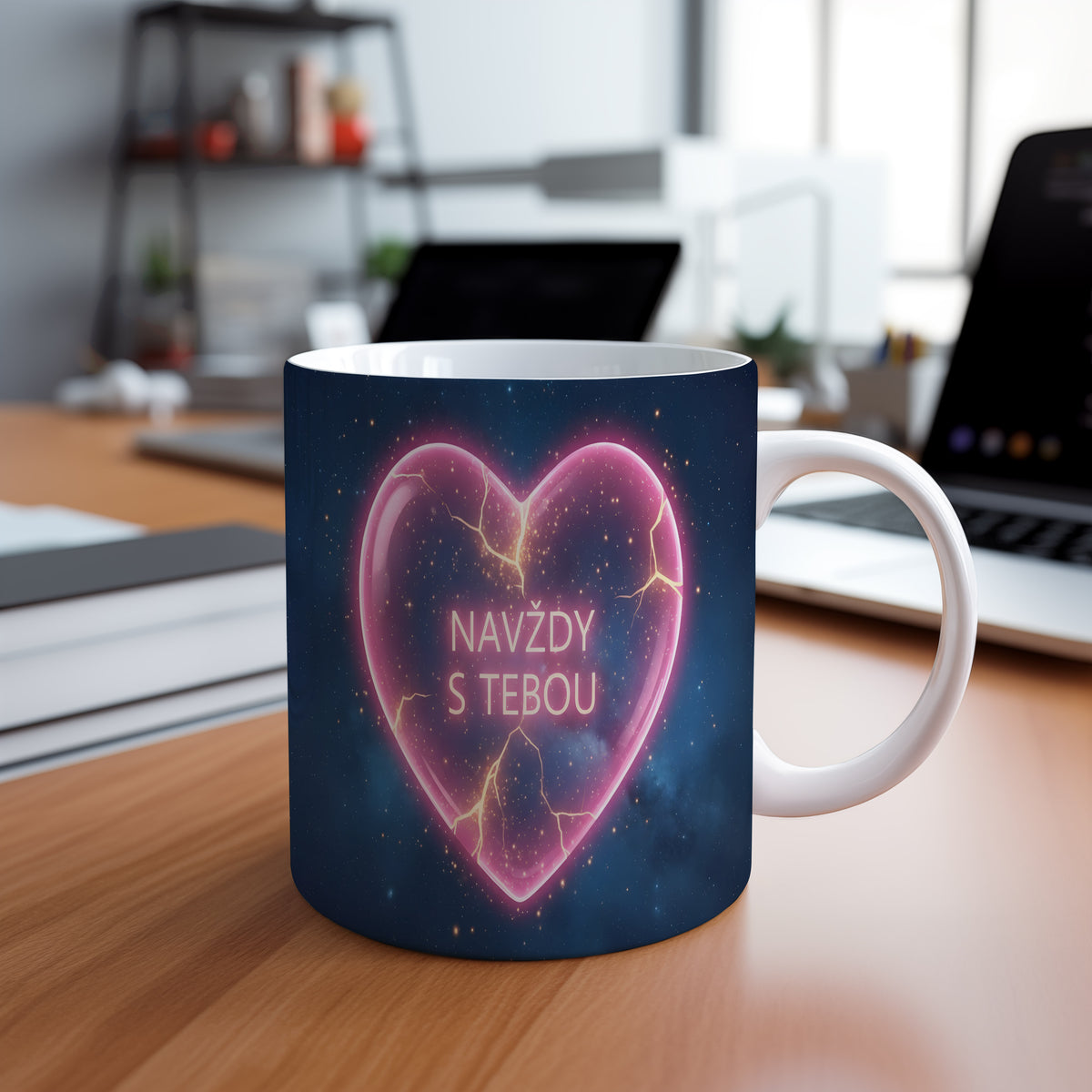 Hrnek s růžovým srdcem na hvězdném pozadí a textem NAVŽDY S TEBOU.