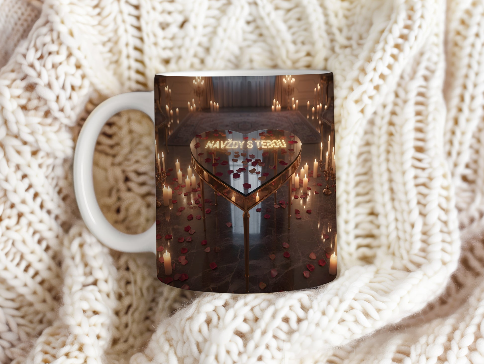 Hrnkový design s motivem zlatého srdce a svíček na mramorovém pozadí.