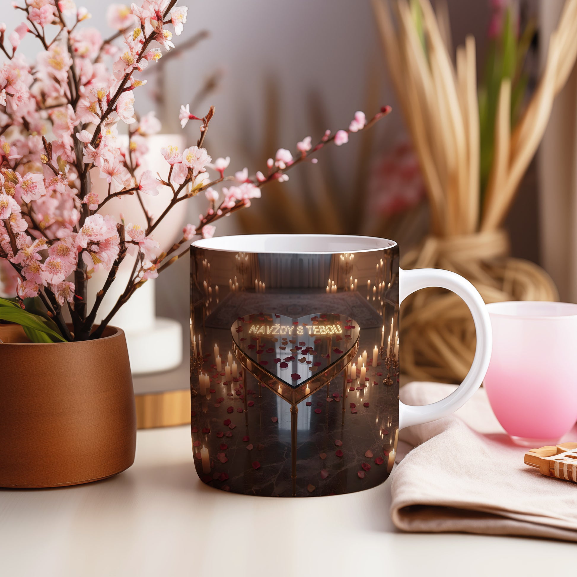 Hrnkový design s motivem zlatého srdce a svíček na mramorovém pozadí.