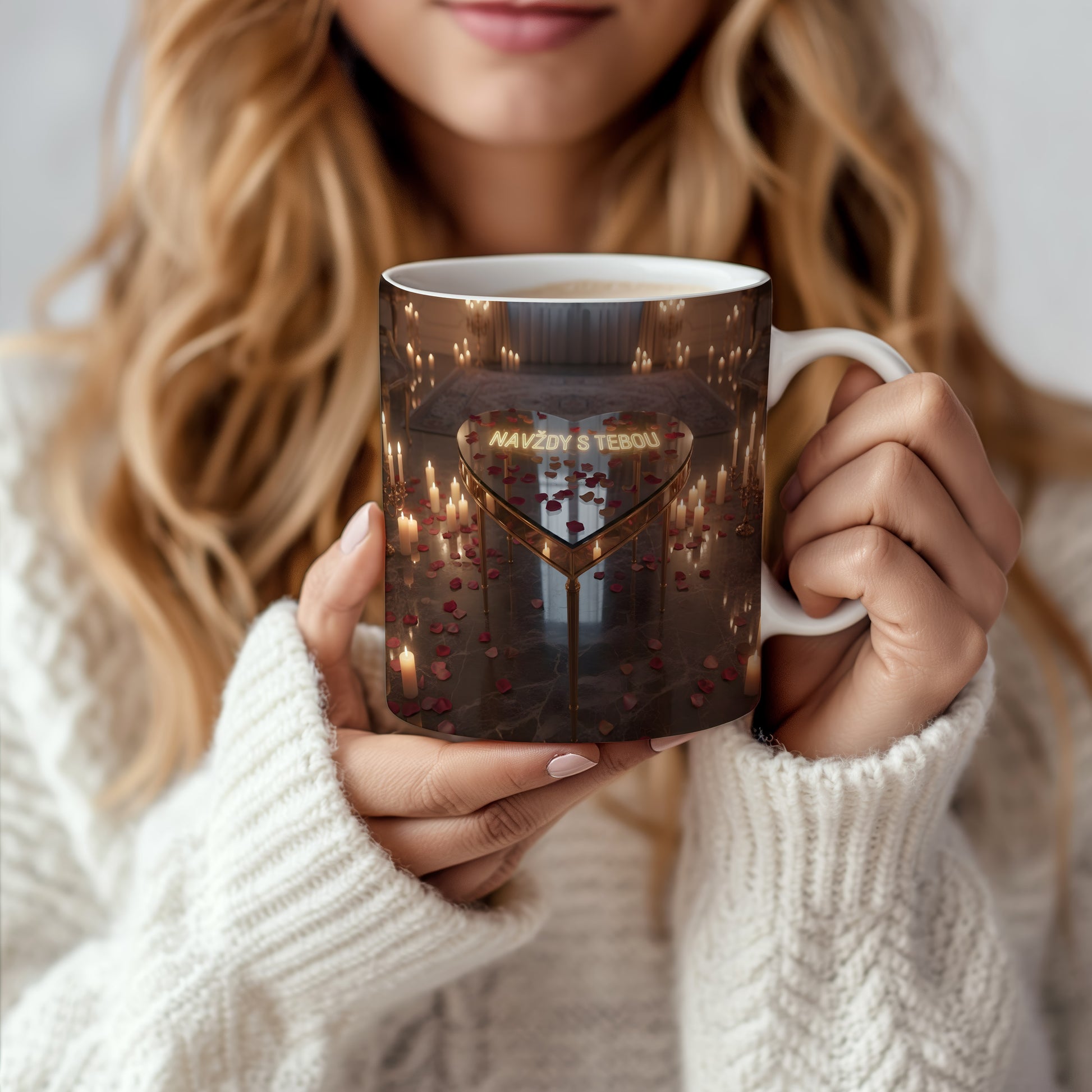 Hrnkový design s motivem zlatého srdce a svíček na mramorovém pozadí.