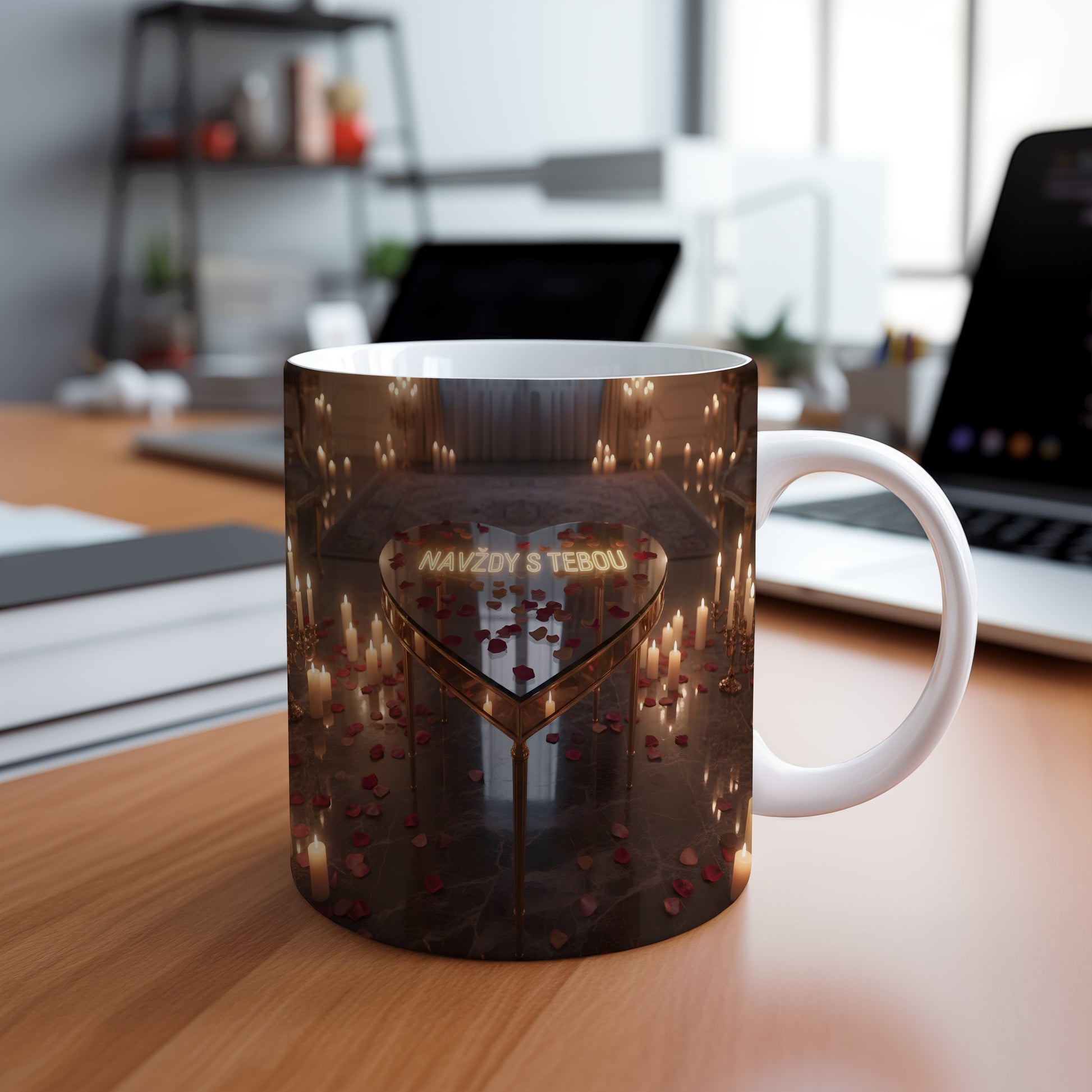 Hrnkový design s motivem zlatého srdce a svíček na mramorovém pozadí.