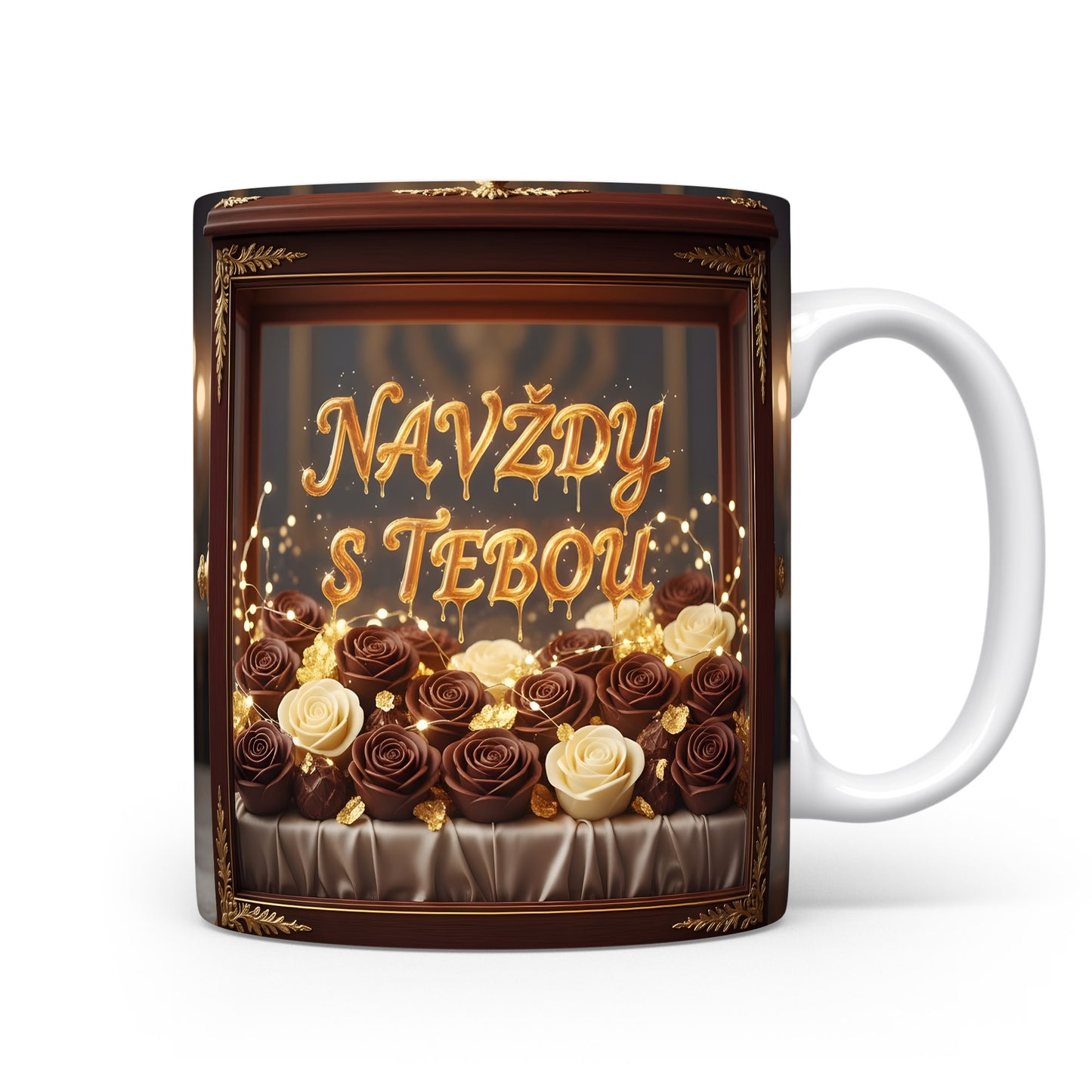 Hnědý a zlatý hrnek s růžemi a nápisem NAVŽDY S TEBOU.