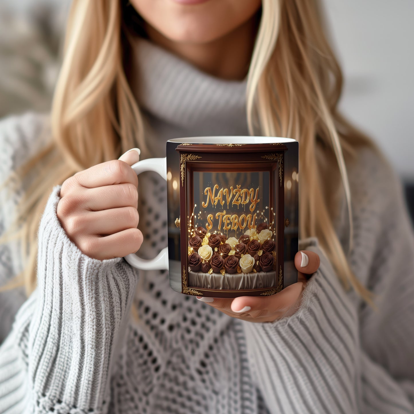 Hnědý a zlatý hrnek s růžemi a nápisem NAVŽDY S TEBOU.