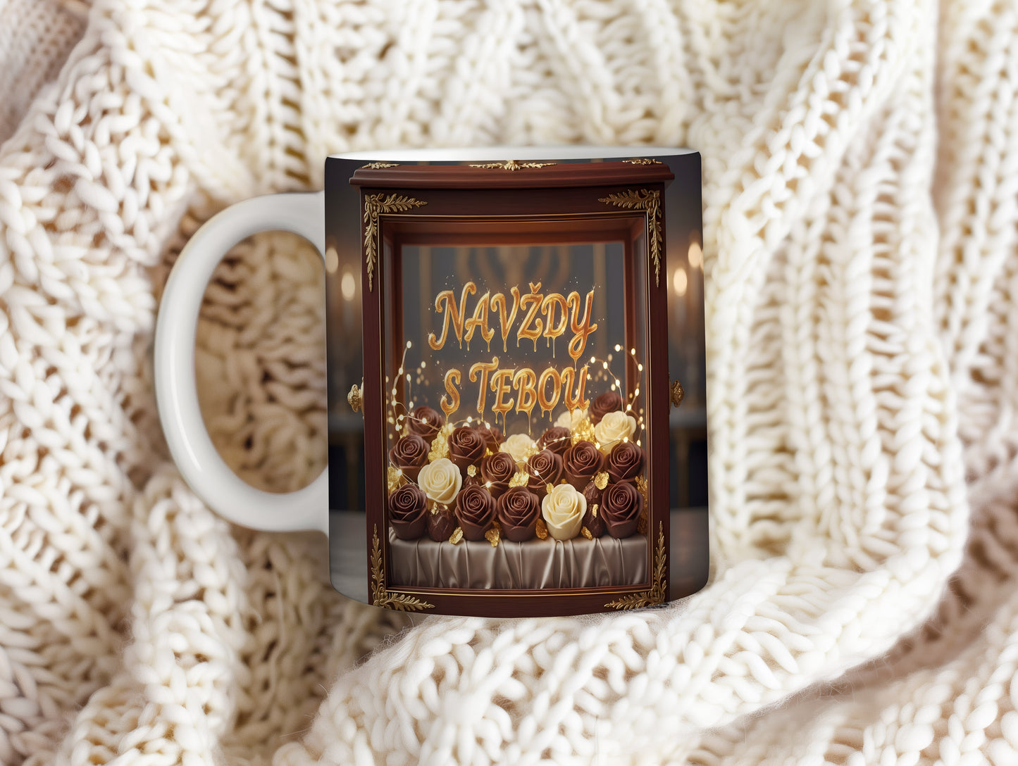 Hnědý a zlatý hrnek s růžemi a nápisem NAVŽDY S TEBOU.