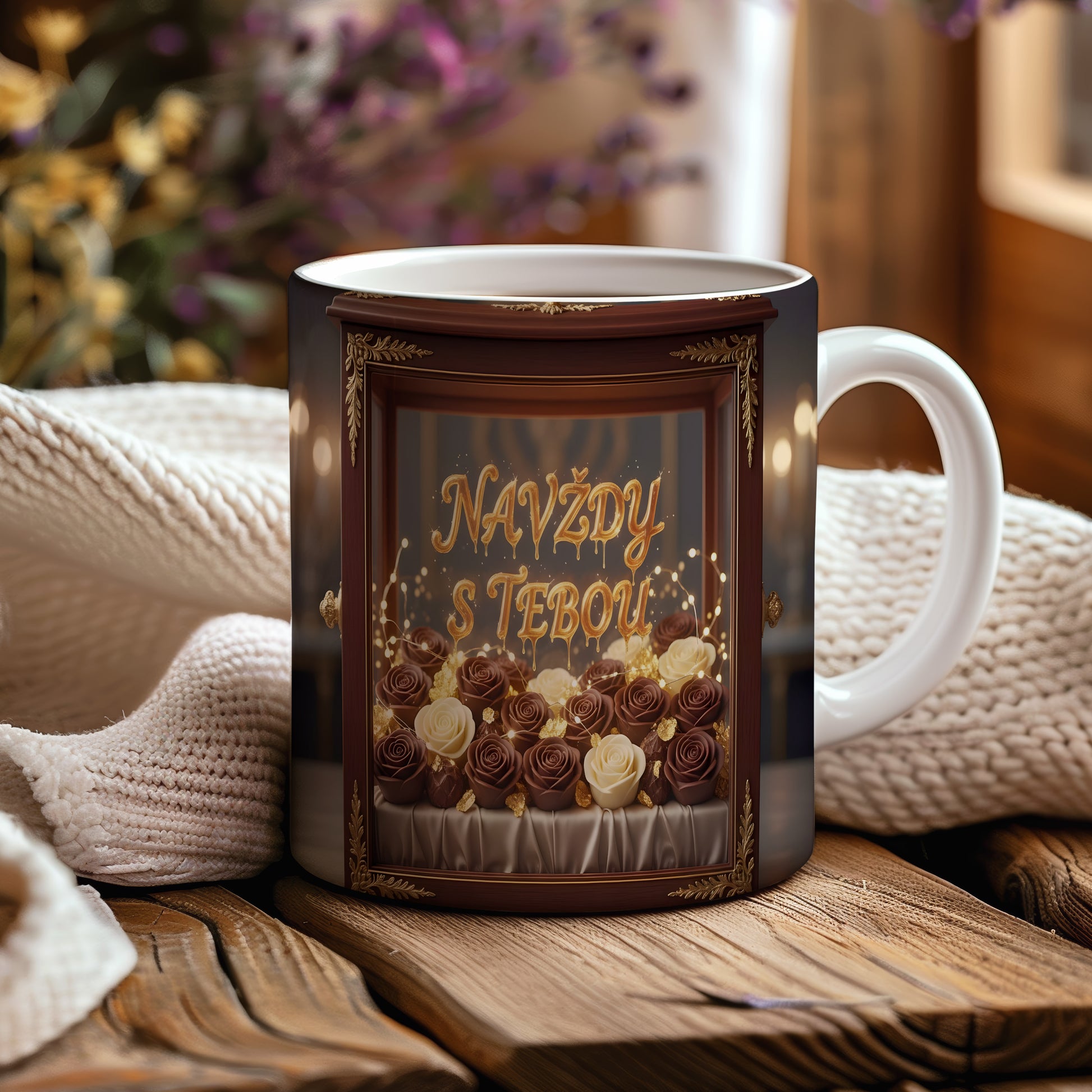 Hnědý a zlatý hrnek s růžemi a nápisem NAVŽDY S TEBOU.