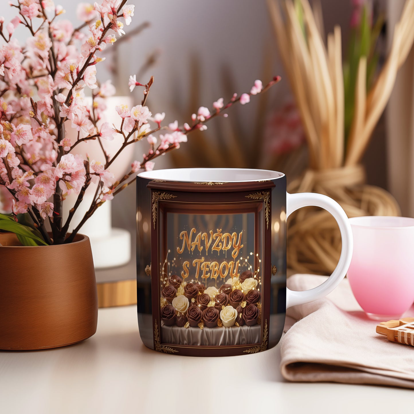 Hnědý a zlatý hrnek s růžemi a nápisem NAVŽDY S TEBOU.