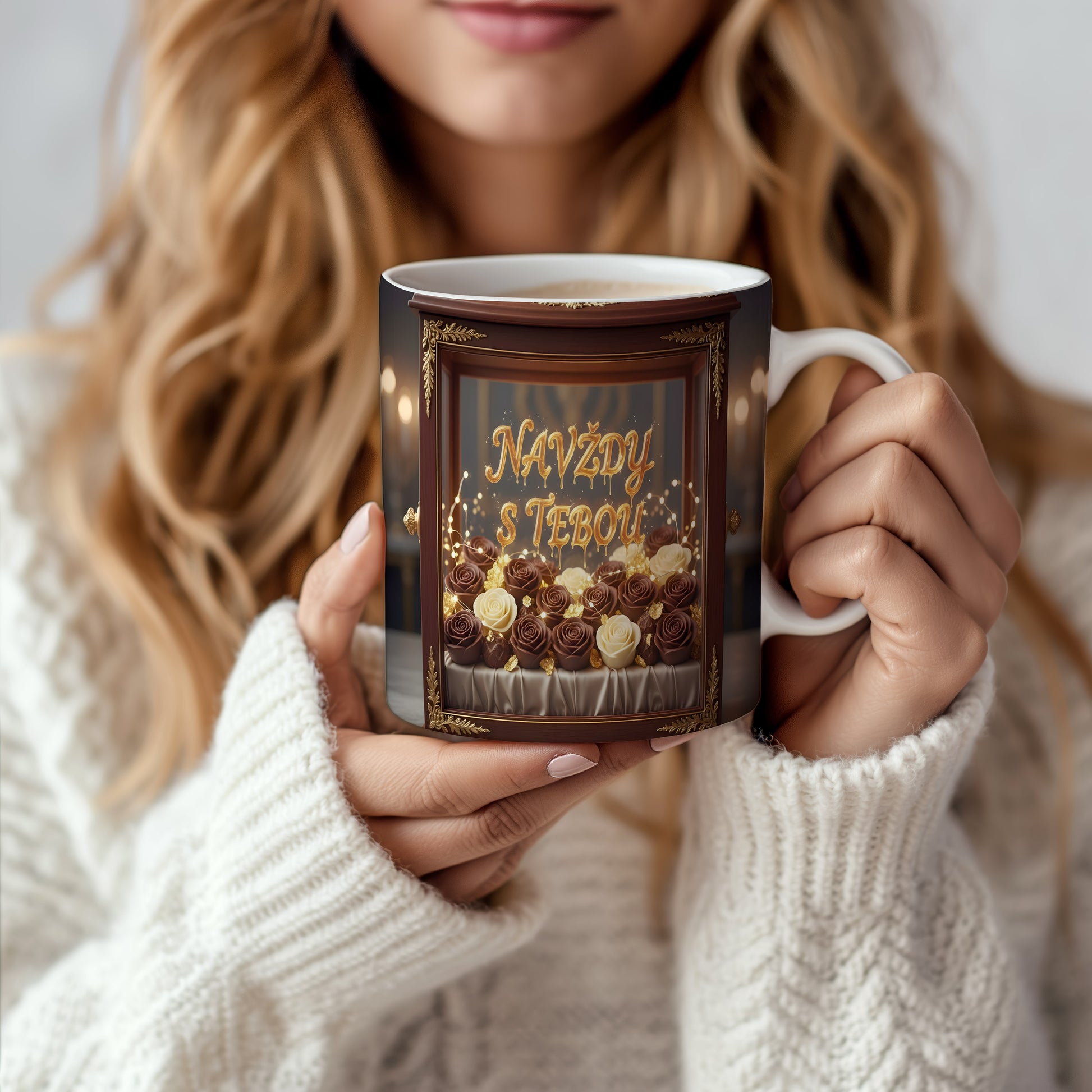 Hnědý a zlatý hrnek s růžemi a nápisem NAVŽDY S TEBOU.