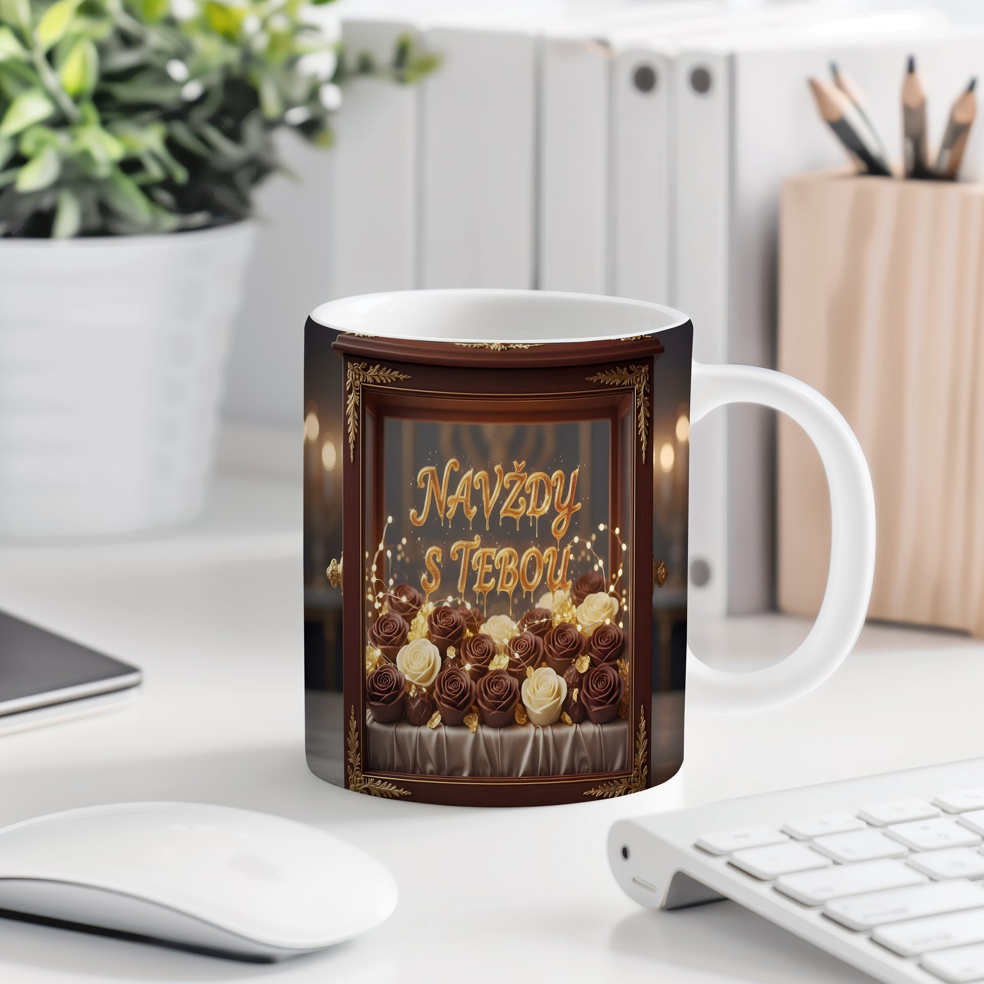 Hnědý a zlatý hrnek s růžemi a nápisem NAVŽDY S TEBOU.
