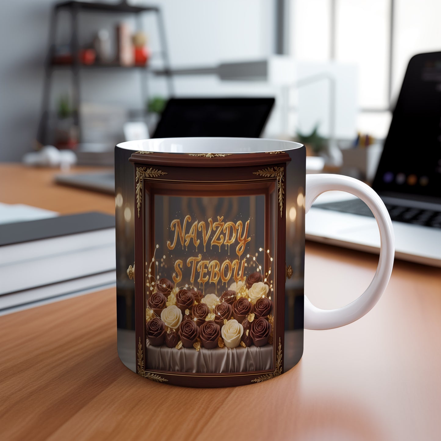 Hnědý a zlatý hrnek s růžemi a nápisem NAVŽDY S TEBOU.