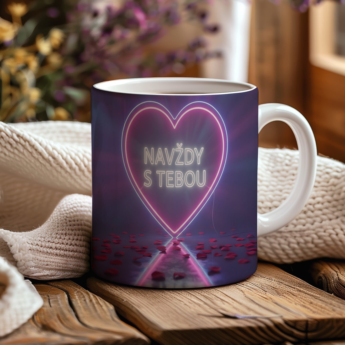 Hrnek s motivem zářícího srdce a nápisem 'NAVŽDY S TEBOU' ve fialovém gradientu.
