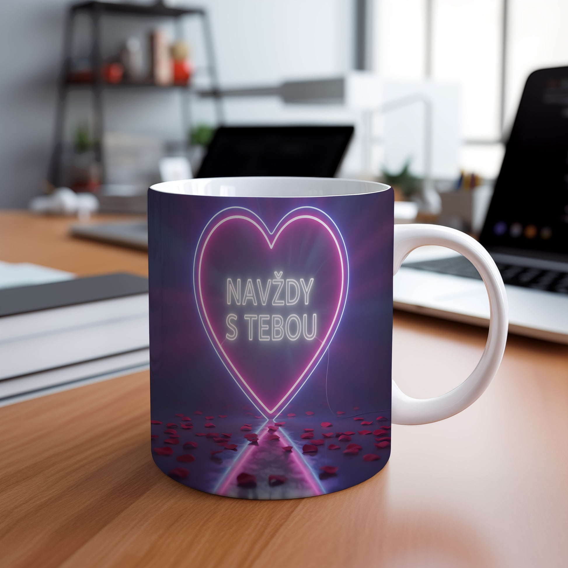 Hrnek s motivem zářícího srdce a nápisem 'NAVŽDY S TEBOU' ve fialovém gradientu.
