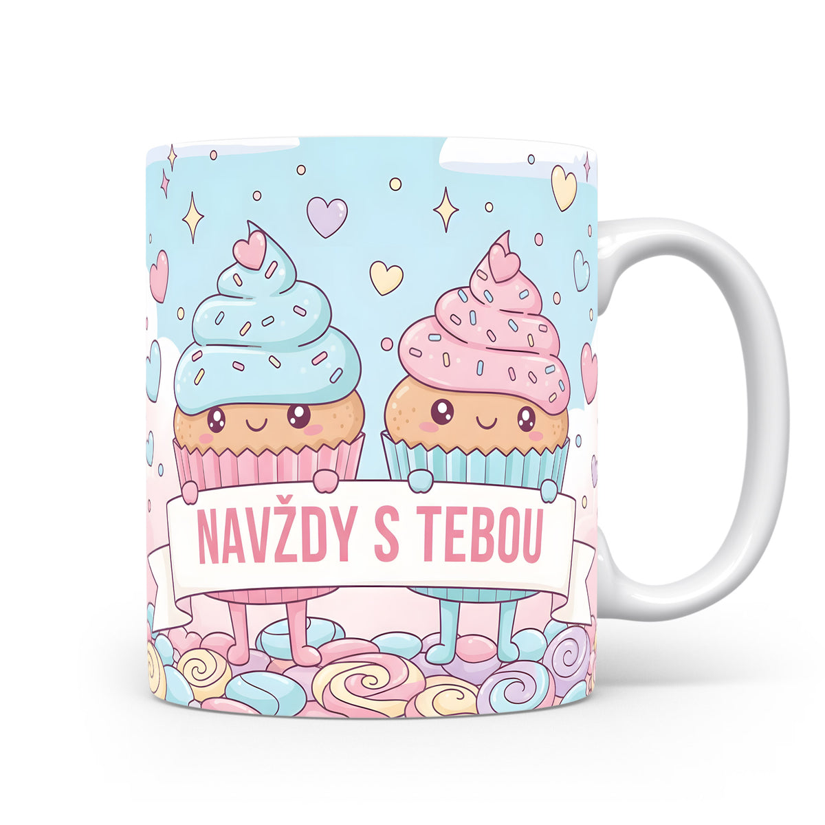 Roztomilý hrnek s cupcakes a nápisem NAVŽDY S TEBOU v pastelových barvách.