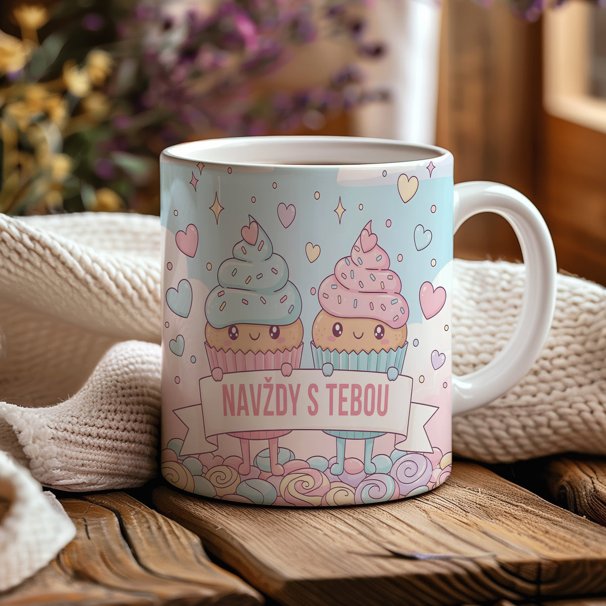 Roztomilý hrnek s cupcakes a nápisem NAVŽDY S TEBOU v pastelových barvách.