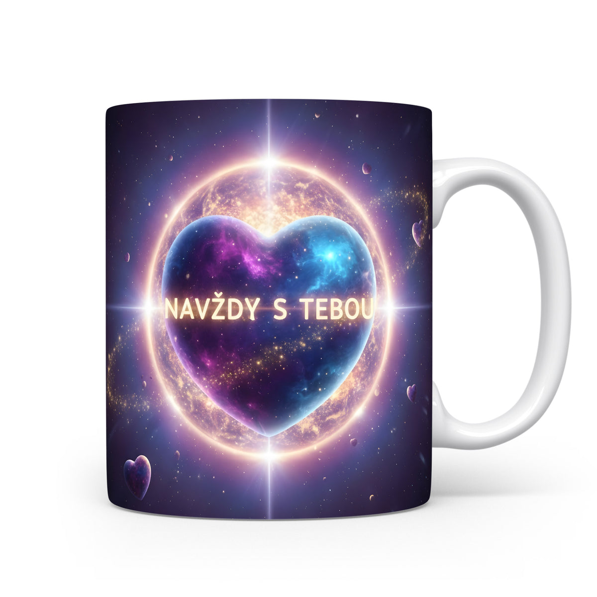 Vesmírný hrnek s fialovým a modrým srdcem a nápisem NAVŽDY S TEBOU.