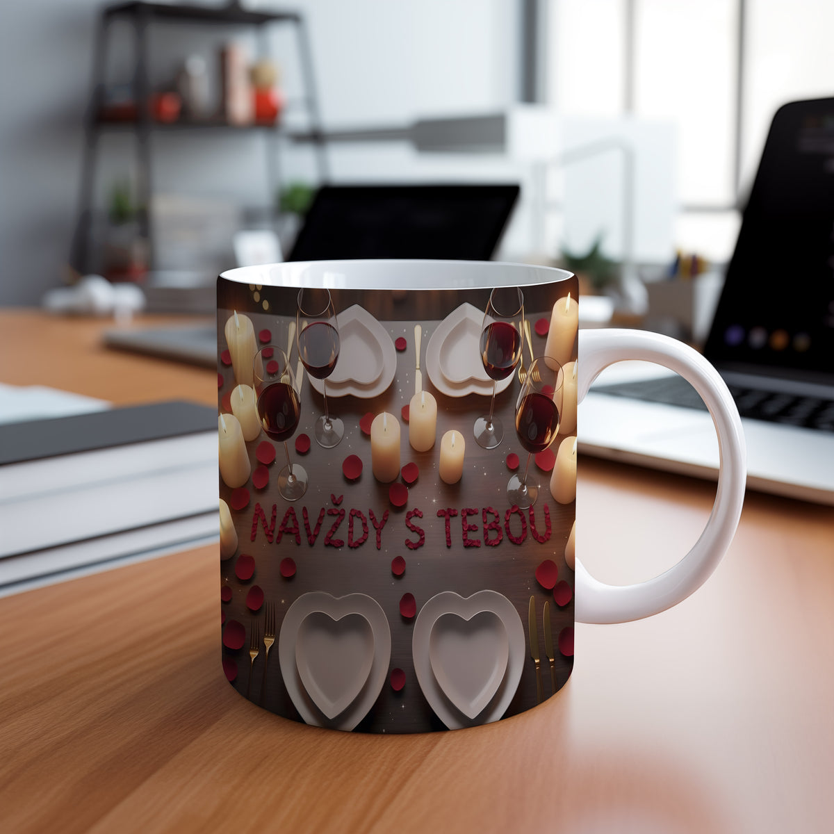 Hrnček s nápisem NAVŽDY S TEBOU, svíčky a srdce na dřevěném pozadí.