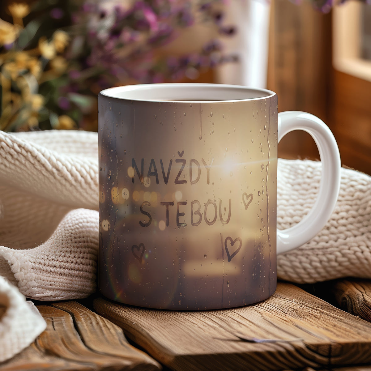 Hrnek s nápisem NAVŽDY S TEBOU v teplých odstínech.