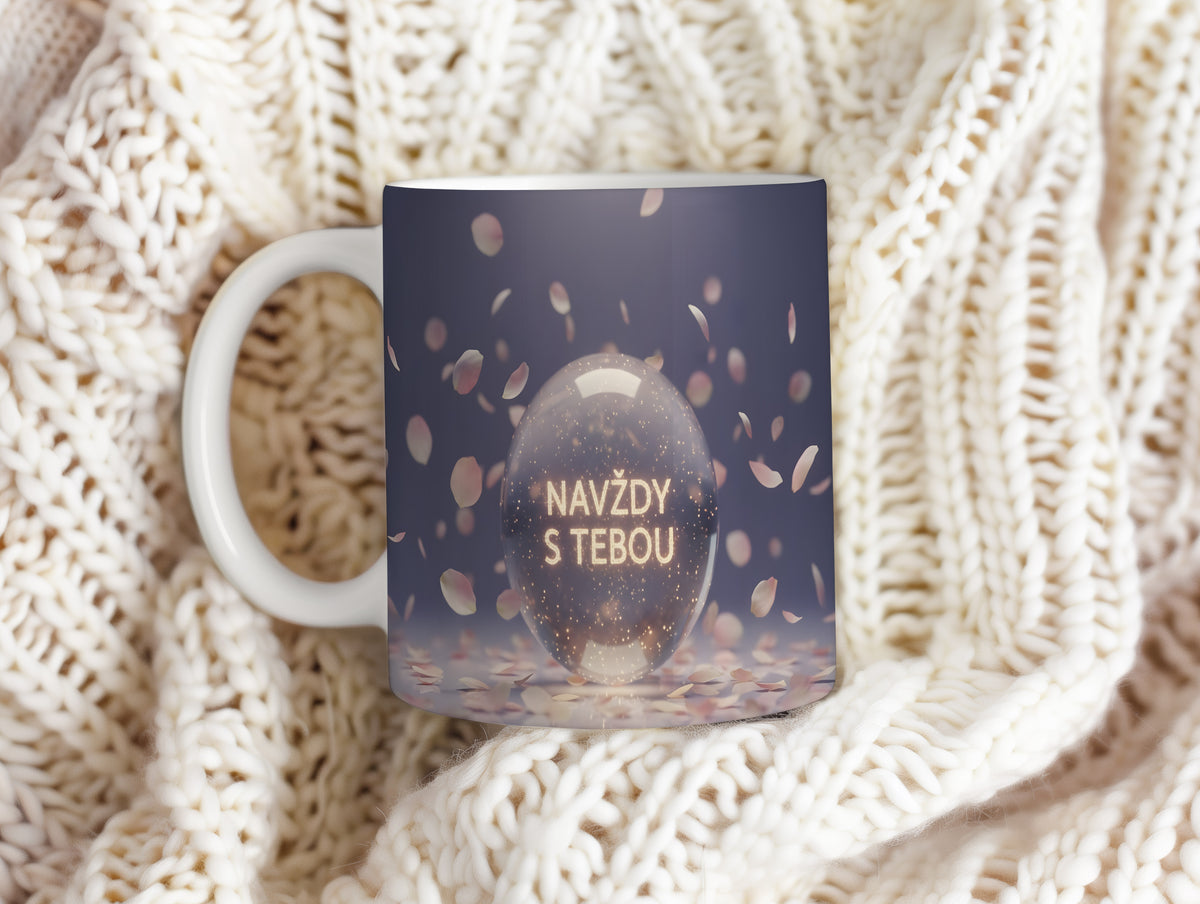 Romantický hrnek s nápisem NAVŽDY S TEBOU a okvětními lístky.