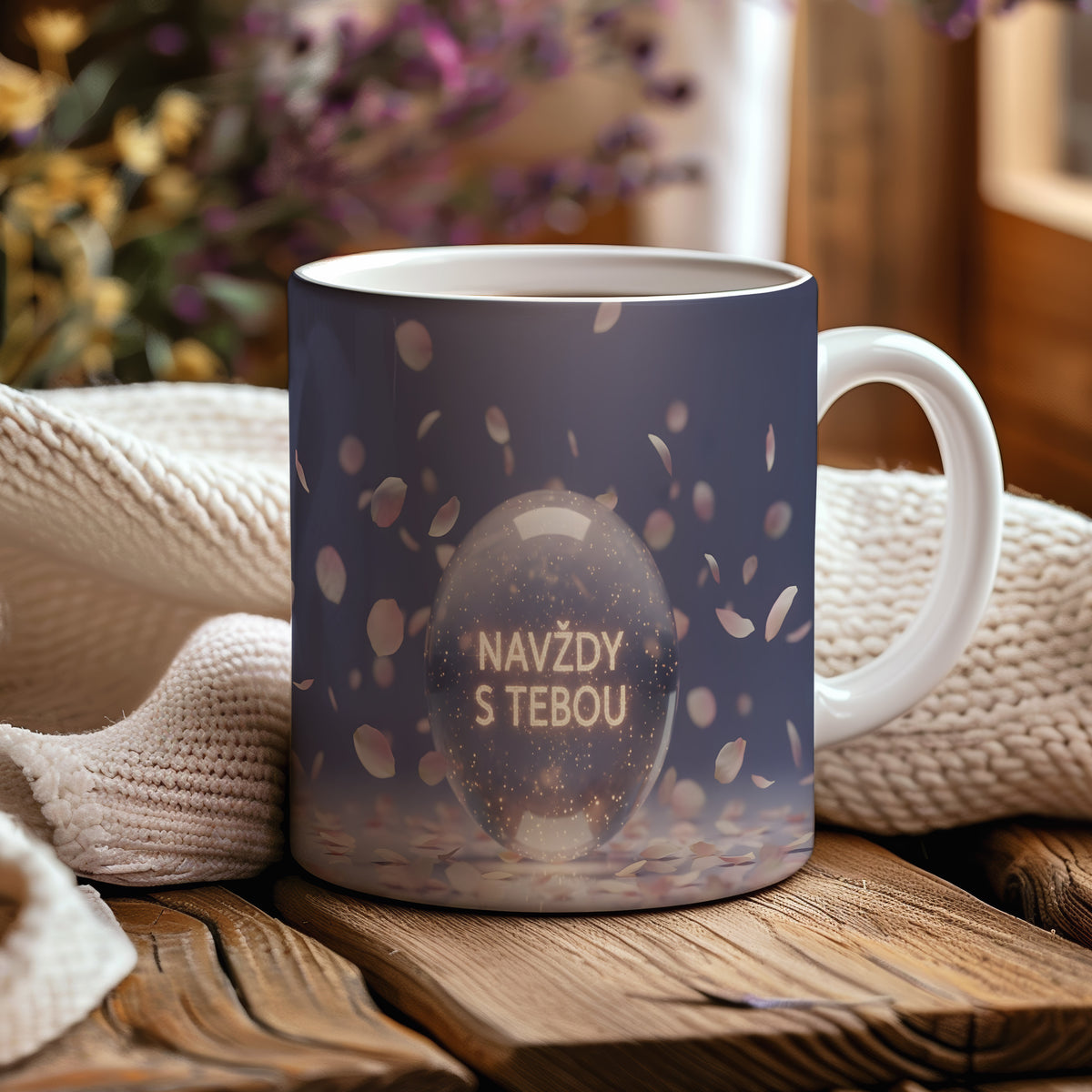 Romantický hrnek s nápisem NAVŽDY S TEBOU a okvětními lístky.