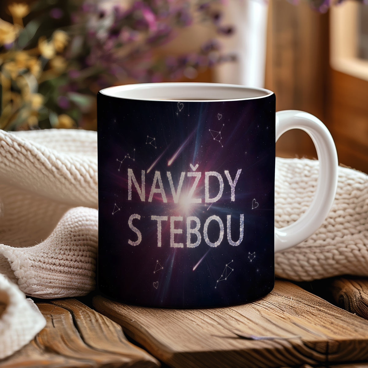 Bílý hrnek s nápisem NAVŽDY S TEBOU a motivem hvězdné oblohy.