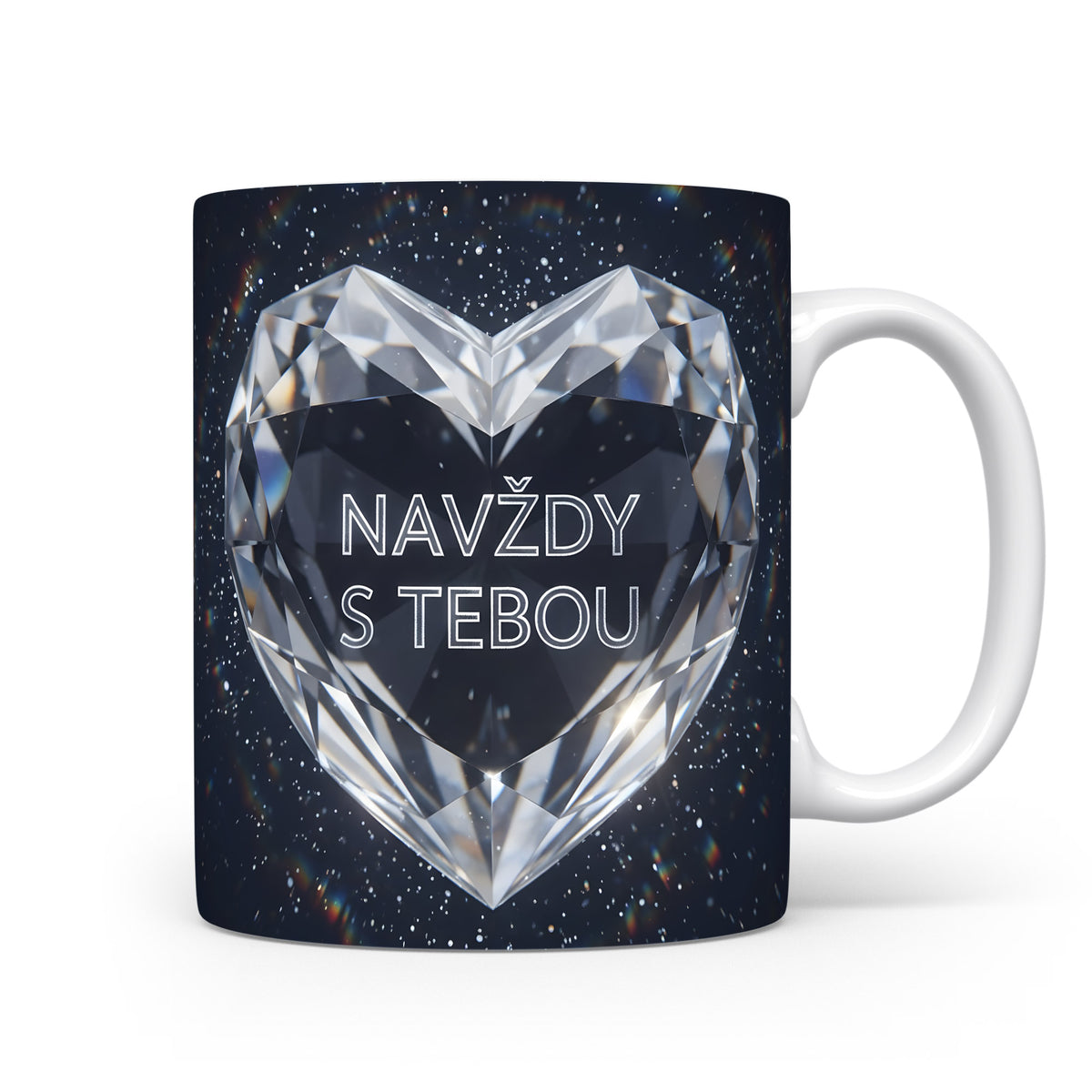 Hrnček s tmavě modrým vesmírným motivem a diamantovým srdcem.