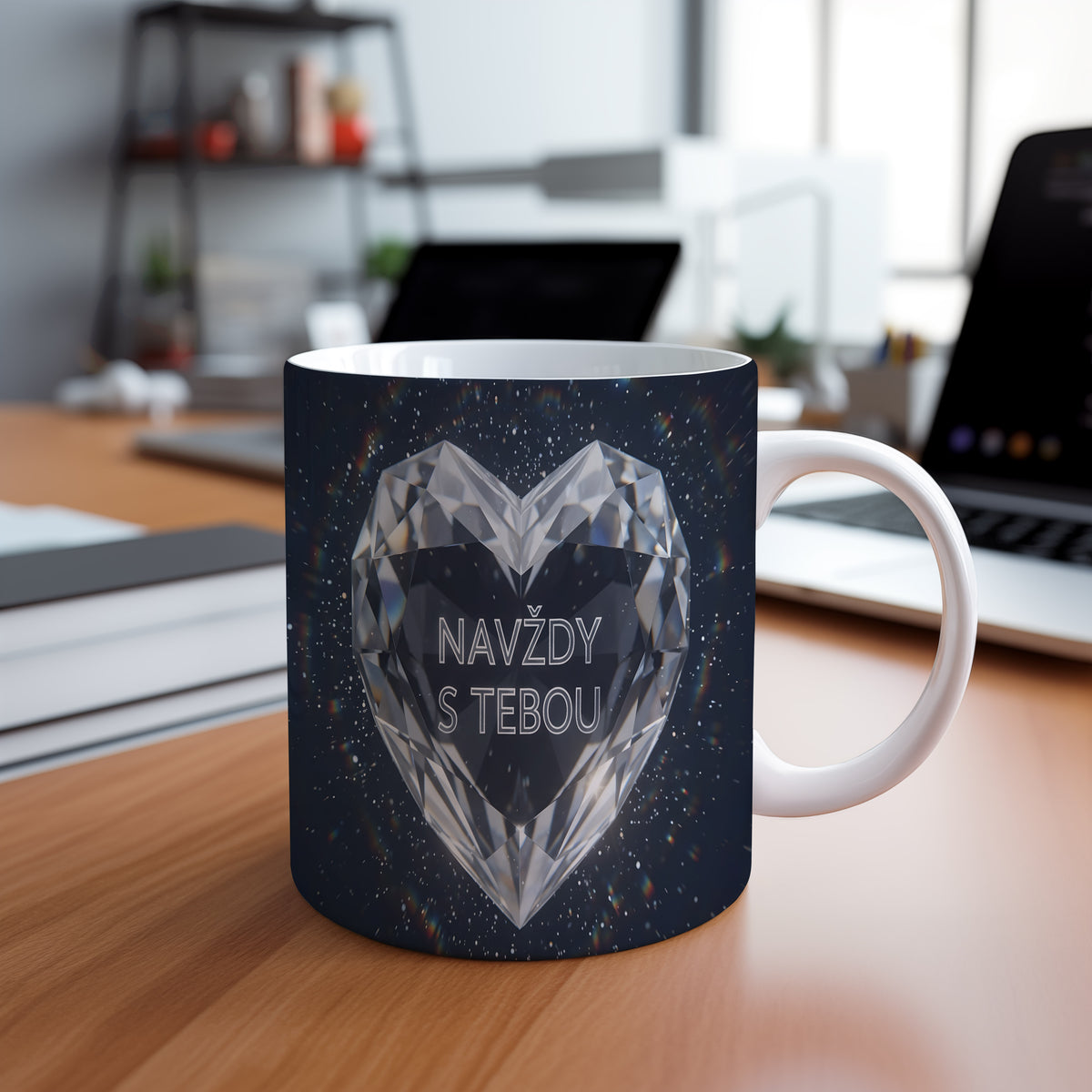 Hrnček s tmavě modrým vesmírným motivem a diamantovým srdcem.