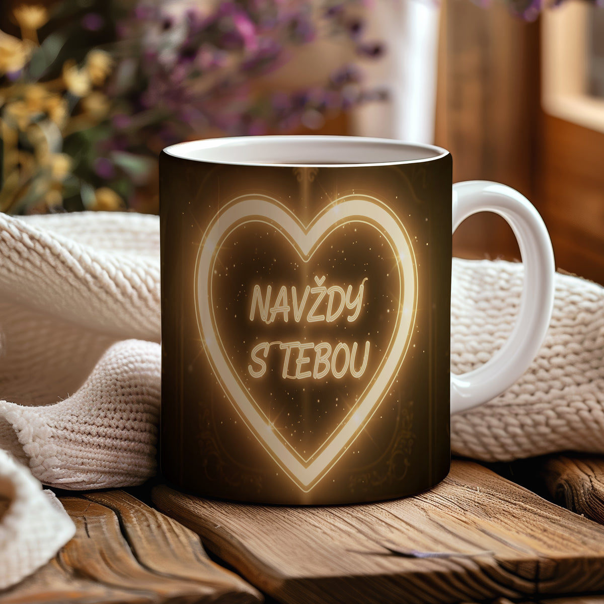 Romantický hrnek se zlatým srdcem a jiskřivými hvězdami.