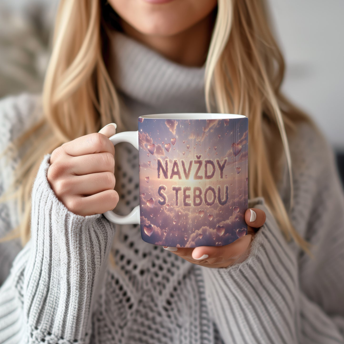 Hrnek s nápisem NAVŽDY S TEBOU na pastelovém pozadí srdcí a mraků.