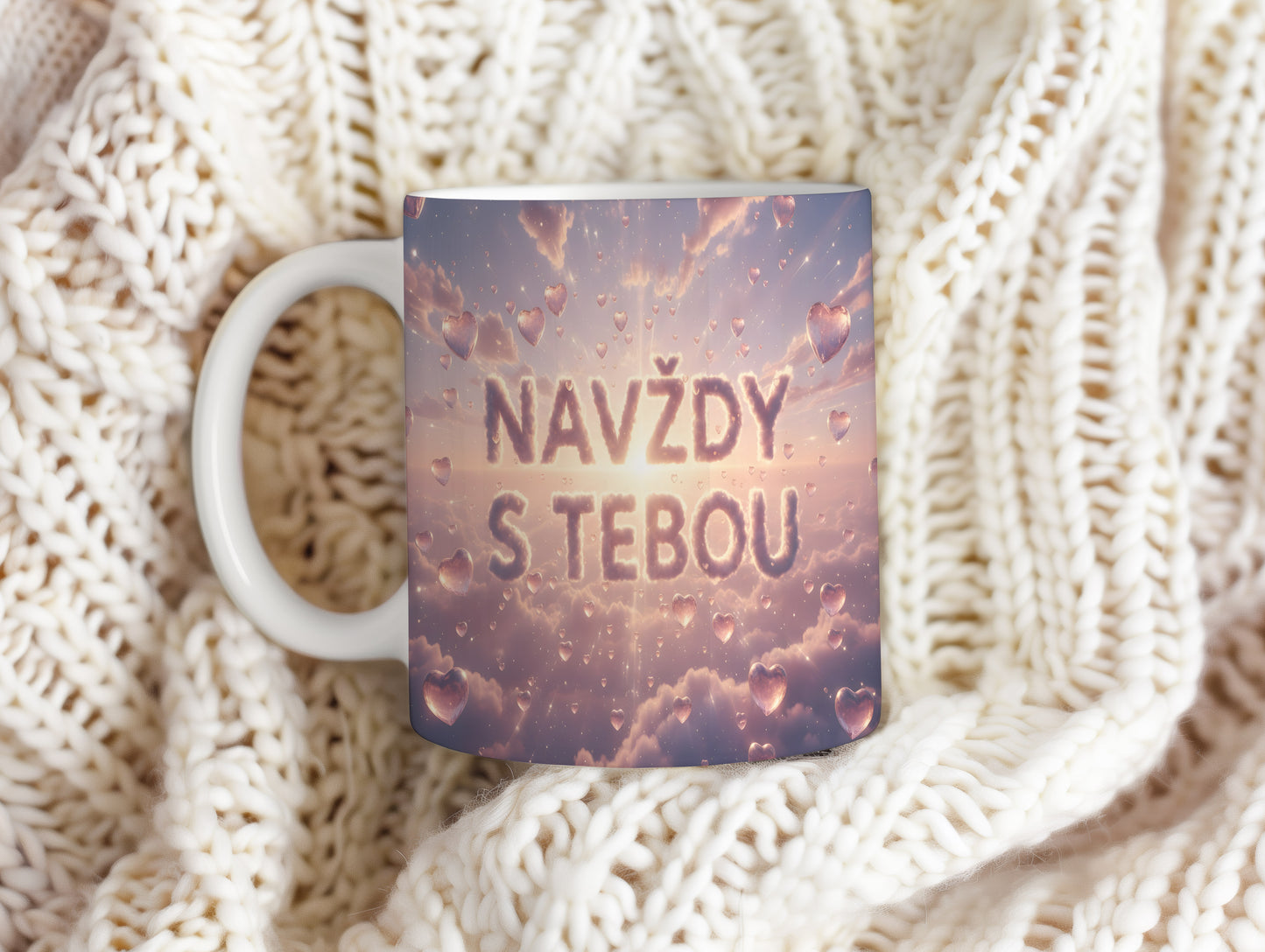 Hrnek s nápisem NAVŽDY S TEBOU na pastelovém pozadí srdcí a mraků.