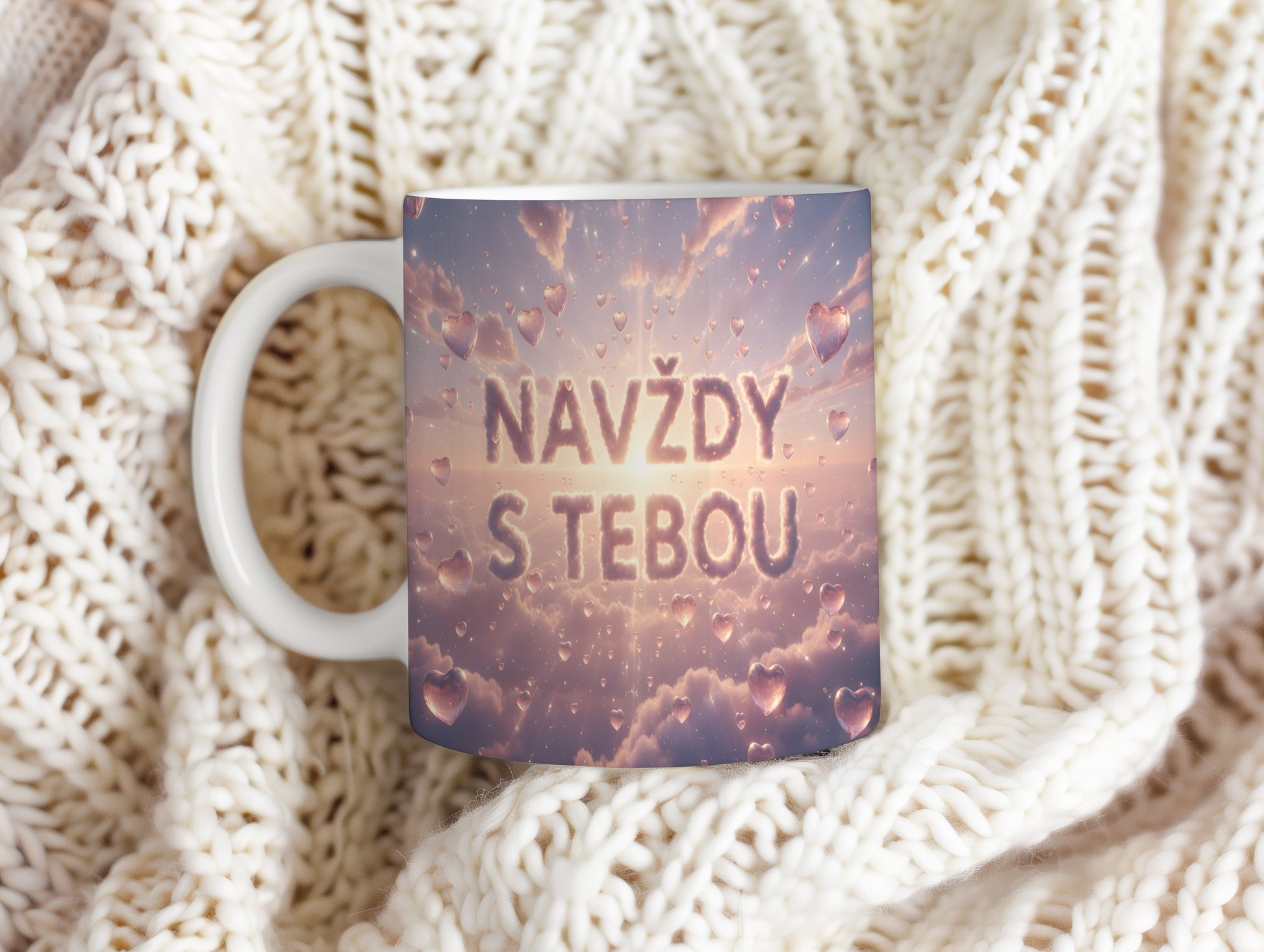 Hrnek s nápisem NAVŽDY S TEBOU na pastelovém pozadí srdcí a mraků.