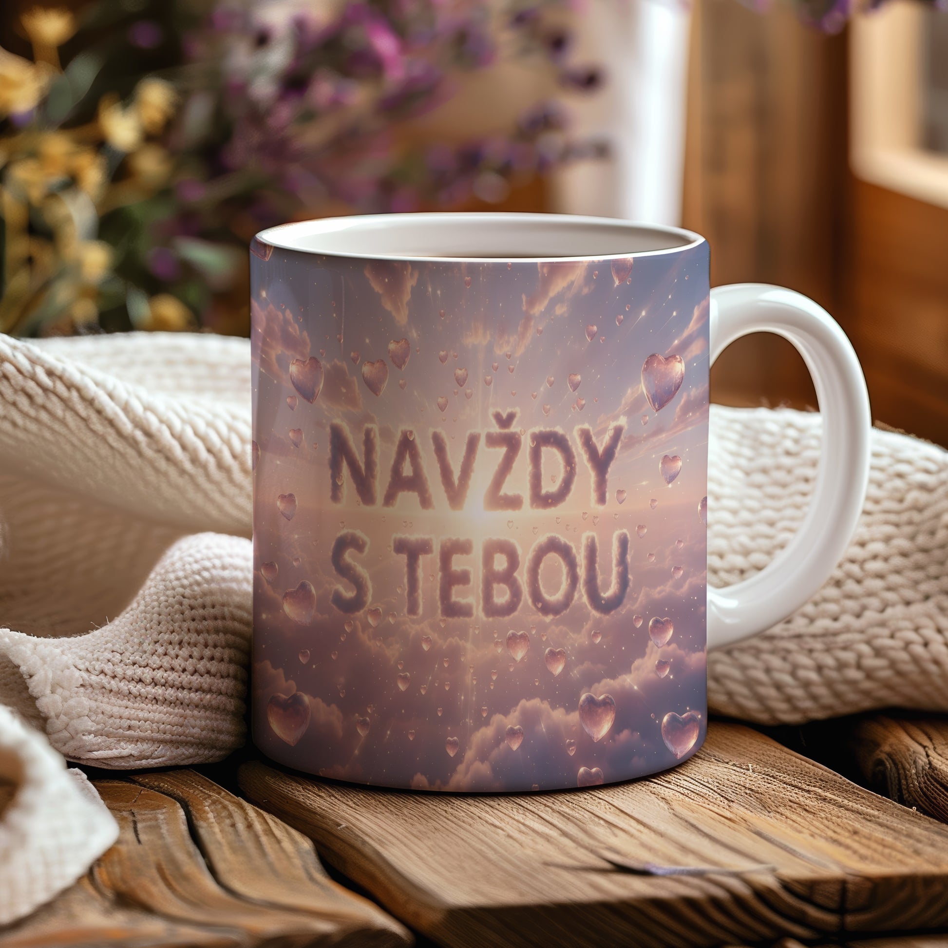 Hrnek s nápisem NAVŽDY S TEBOU na pastelovém pozadí srdcí a mraků.
