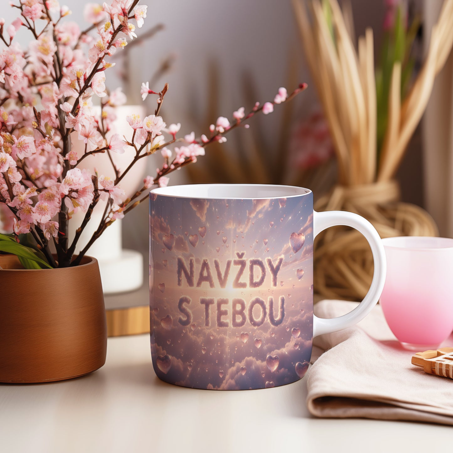 Hrnek s nápisem NAVŽDY S TEBOU na pastelovém pozadí srdcí a mraků.