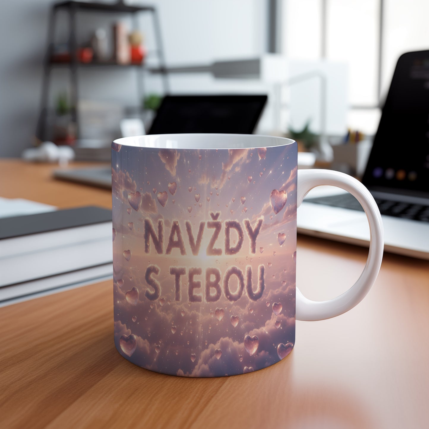 Hrnek s nápisem NAVŽDY S TEBOU na pastelovém pozadí srdcí a mraků.